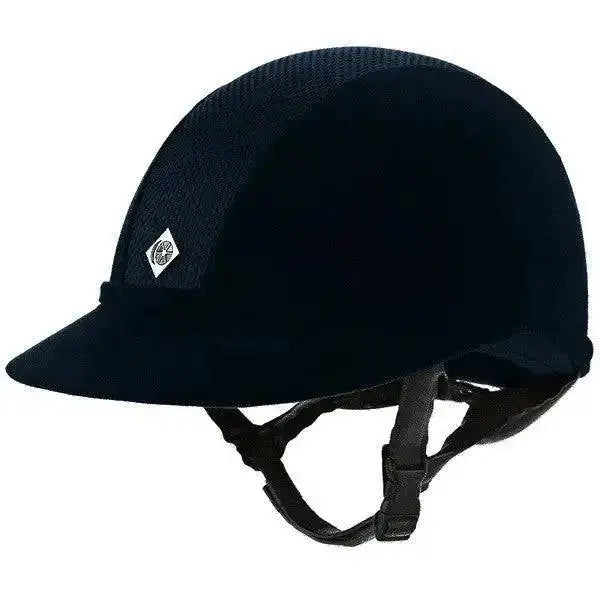 Black charles owen sp8 equestrian helmet with velour finish mesh top and specially designed brim for upper neck comfort