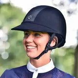 Black charles owen sp8 equestrian helmet with mesh panel small logo and specially designed brim for upper neck protection
