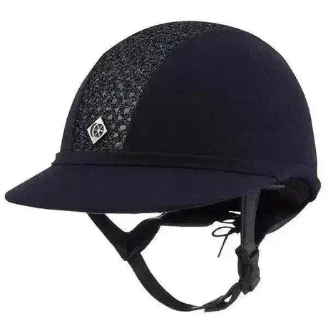 Black charles owen sp8 sparkly riding helmet with textured lace front panel and silver diamond logo