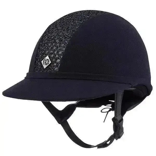 Black charles owen sp8 sparkly riding hat with textured lace panel and diamond shaped logo on top