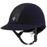 Black charles owen sp8 sparkly riding hat with textured lace panel and diamond shaped logo on top