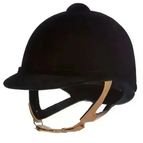Black velvet charles owen wellington classic velvet riding hat with tan leather straps and rounded crown