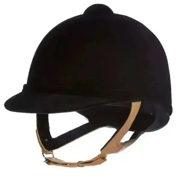 Black velvet charles owen wellington classic velvet riding hat with tan leather straps and rounded crown