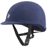 Navy blue charles owen yr8 riding hat with black adjustable straps and a white logo for equestrian use