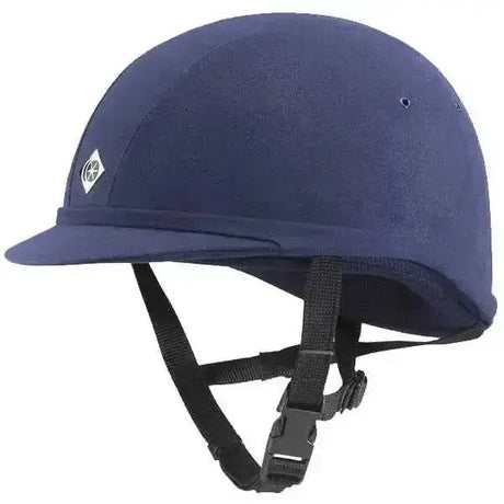 Navy blue charles owen yr8 riding hat with black adjustable straps and a white logo for equestrian use