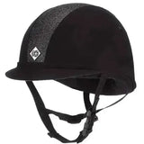 Black charles owen yr8 sparkly riding hat with textured gray panel and silver diamond logo on the side
