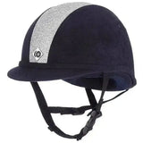 Black charles owen yr8 sparkly riding hat with silver glitter stripe and diamond shaped logo for equestrian use