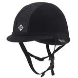 Black charles owen yr8 sparkly riding hat with textured panel and diamond shaped logo on front