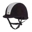 Black charles owen yr8 sparkly riding hat with silver glitter stripe and diamond shaped logo on front