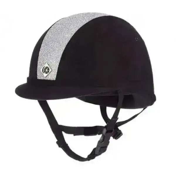 Black charles owen yr8 sparkly riding hat with silver glitter stripe and diamond shaped logo on front