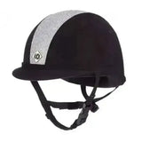 Black charles owen yr8 sparkly riding hat with silver glitter stripe and diamond shaped logo on front