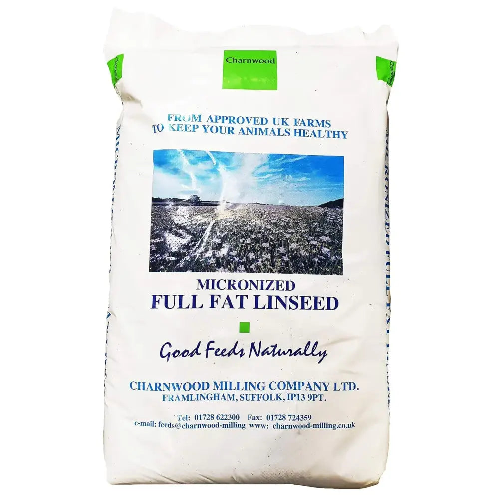 White bag of charnwood milling linshine micronized linseed meal containing full fat linseed for animal feed