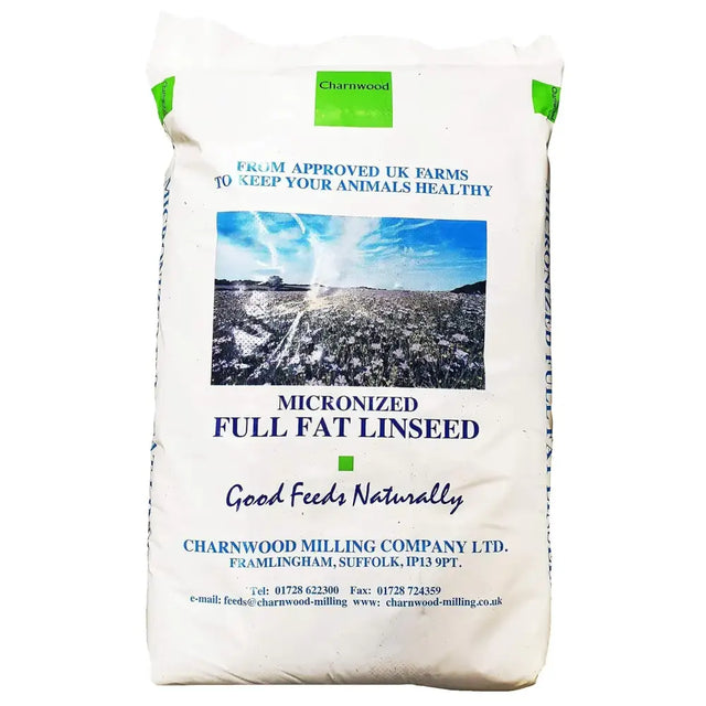 White bag of charnwood milling linshine micronized linseed meal containing full fat linseed for animal feed