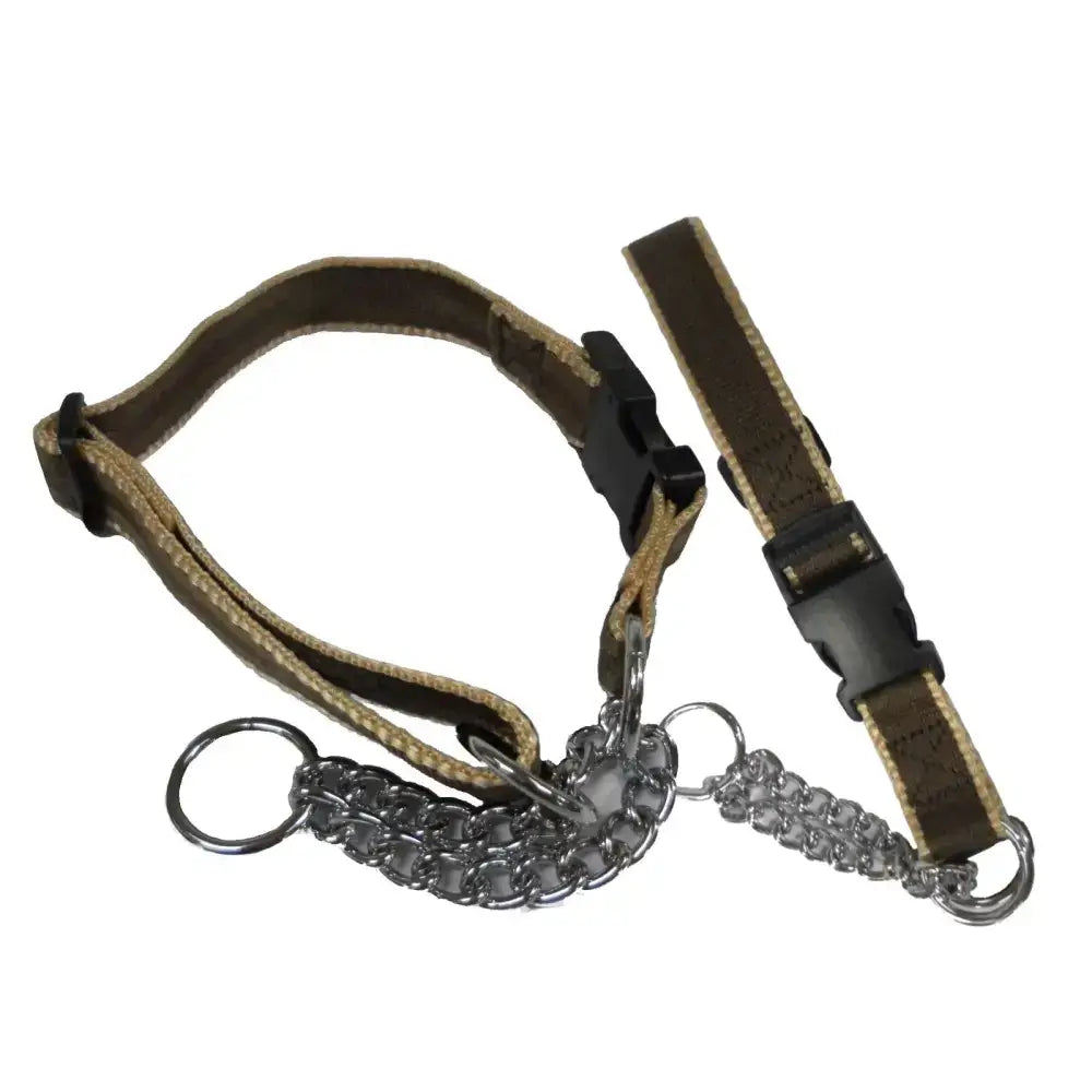 Check chain collar in brown and tan camouflage with polypropylene webbing and machine washable design