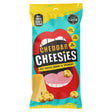 A vibrant yellow and teal package of cheesies gouda crunchy popped cheese featuring a bold red mouth with cheese puffs