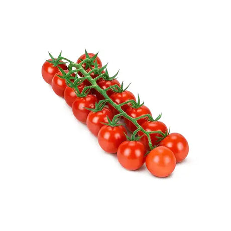 A cluster of vibrant red cherry vine tomatoes still attached to their green vine fresh and ready to eat