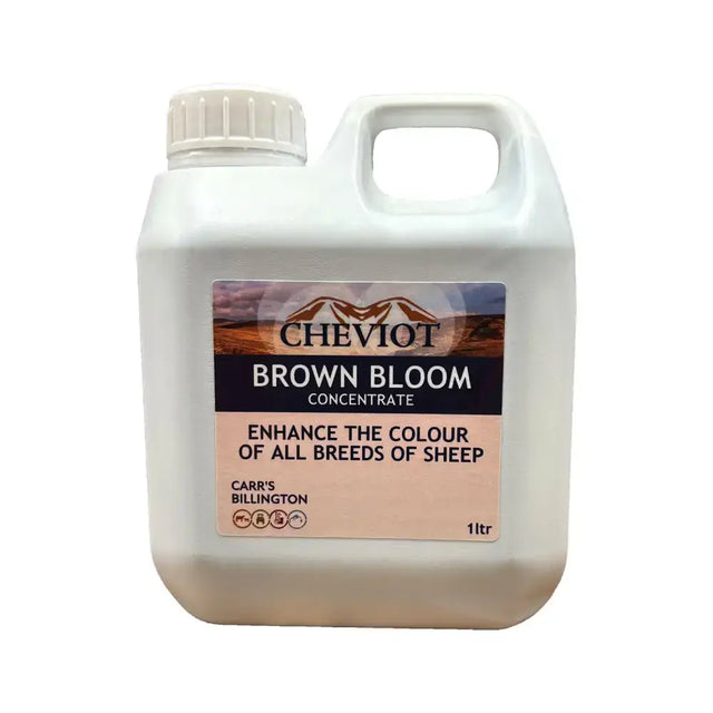 White plastic jug with handle and screw cap labeled cheviot brown bloom concentrate for enhancing sheep color
