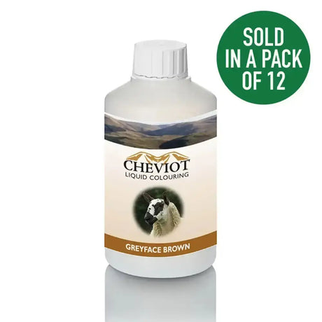 Bottle of cheviot sheep colouring liquid greyface brown with a white cap and label featuring a goat image