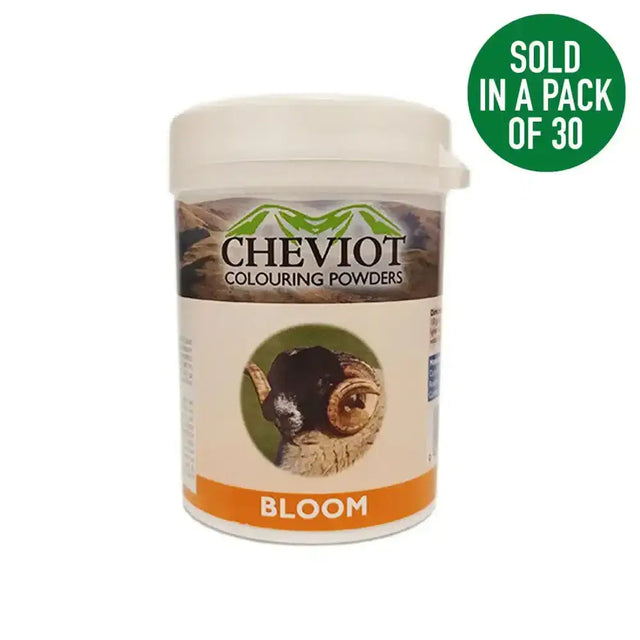 Cheviot sheep colouring powder in a white plastic container with an orange label and mountain logo for professional use