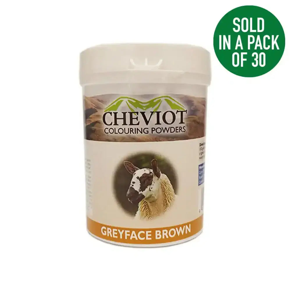 Cheviot sheep colouring powder in greyface brown by cheviot in a white container with a llama illustration label