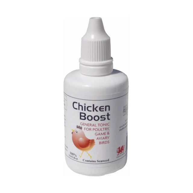 White plastic bottle with dropper cap labeled chicken boost featuring a chicken illustration for poultry supplements