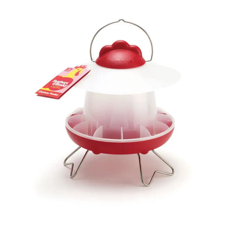 Red and white plastic chicken feeder with metal handle and stand featuring adjustable height legs for ultimate chicken feeder use