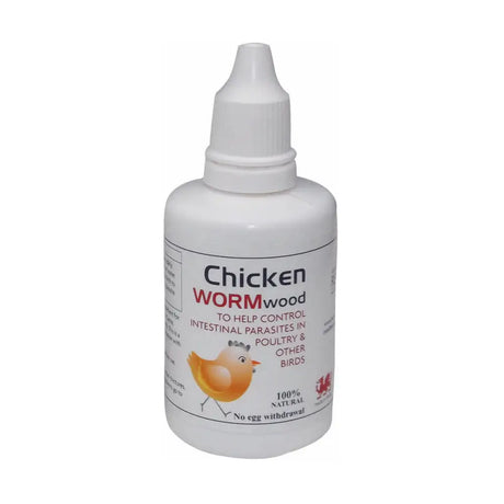 White plastic bottle with dropper cap labeled chicken wormwood for control intestinal parasites in poultry supplements