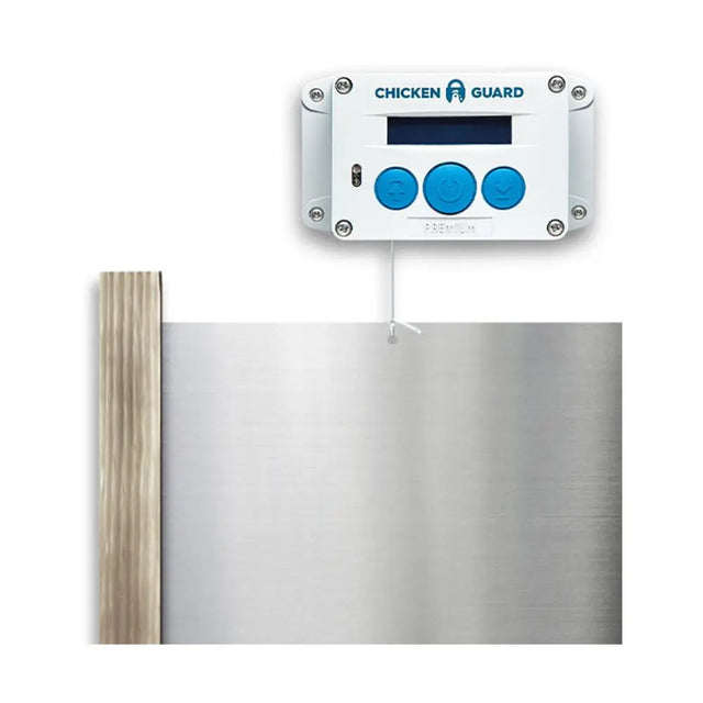Chickenguard classic combi-extreme control panel with three blue buttons mounted above stainless steel gate for premium door opener