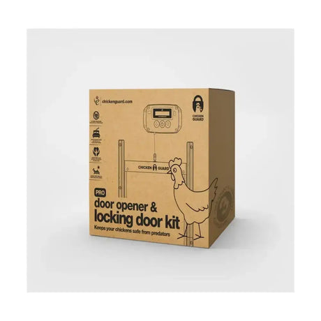 Brown cardboard box for chickenguard pro coop door opener and locking door kit for easy chicken coop access