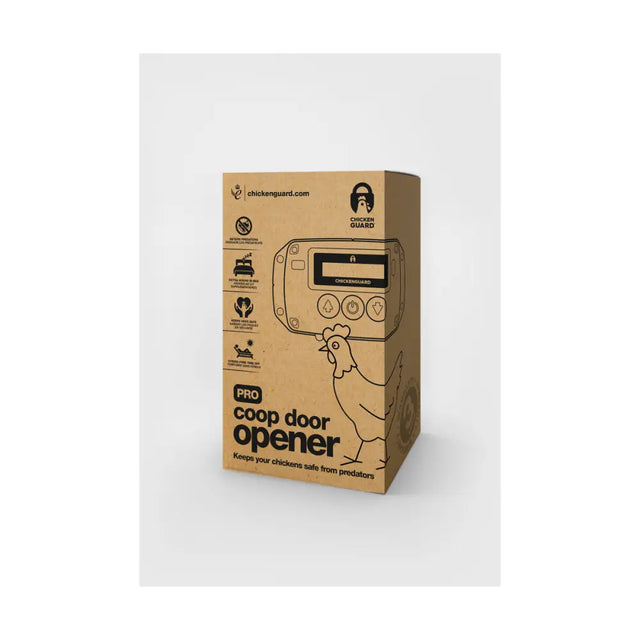 Brown cardboard box for chickenguard pro coop door opener with black line drawing and chicken illustration
