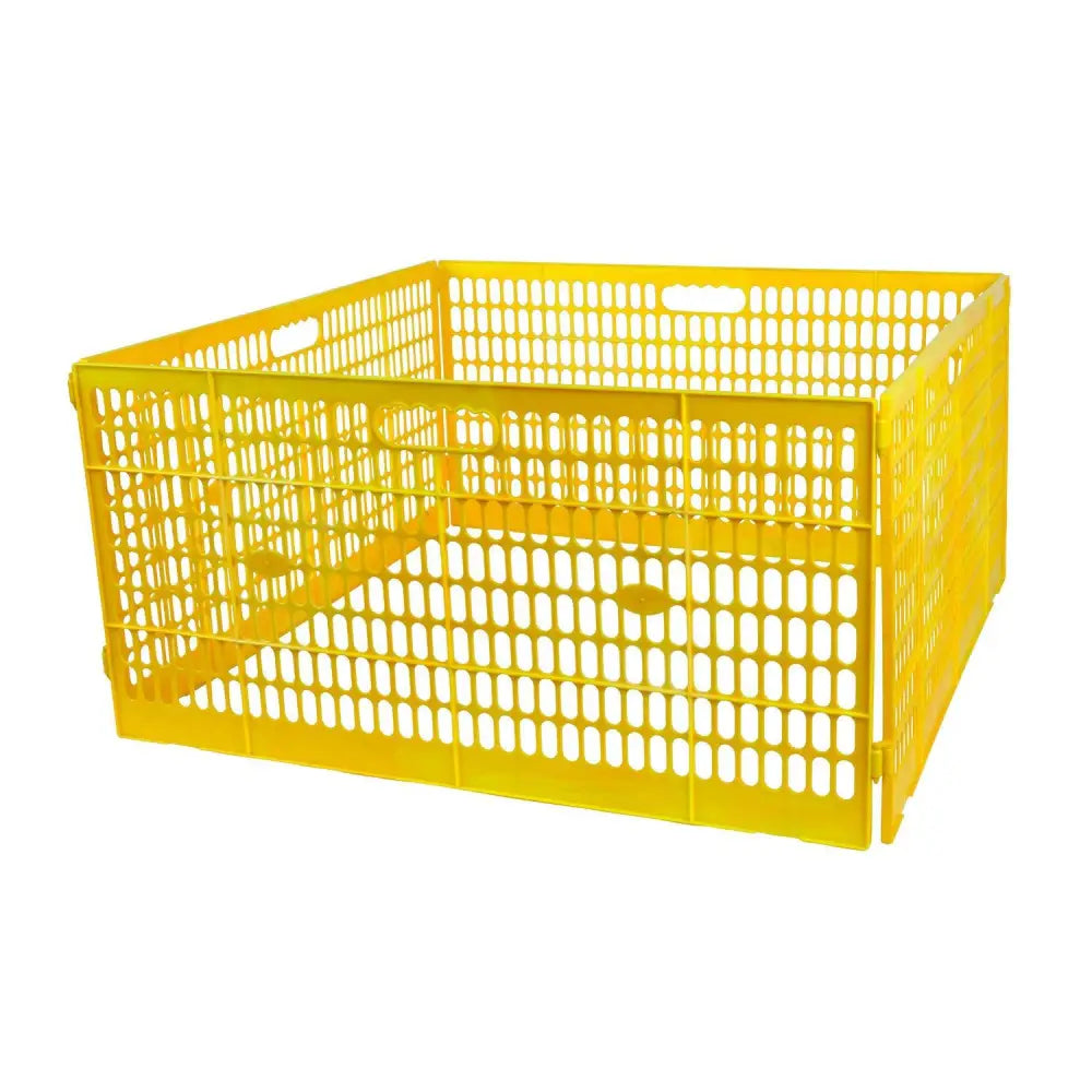 Bright yellow plastic chicktec chick surround folding crate with grid pattern and handles for chick surround panels