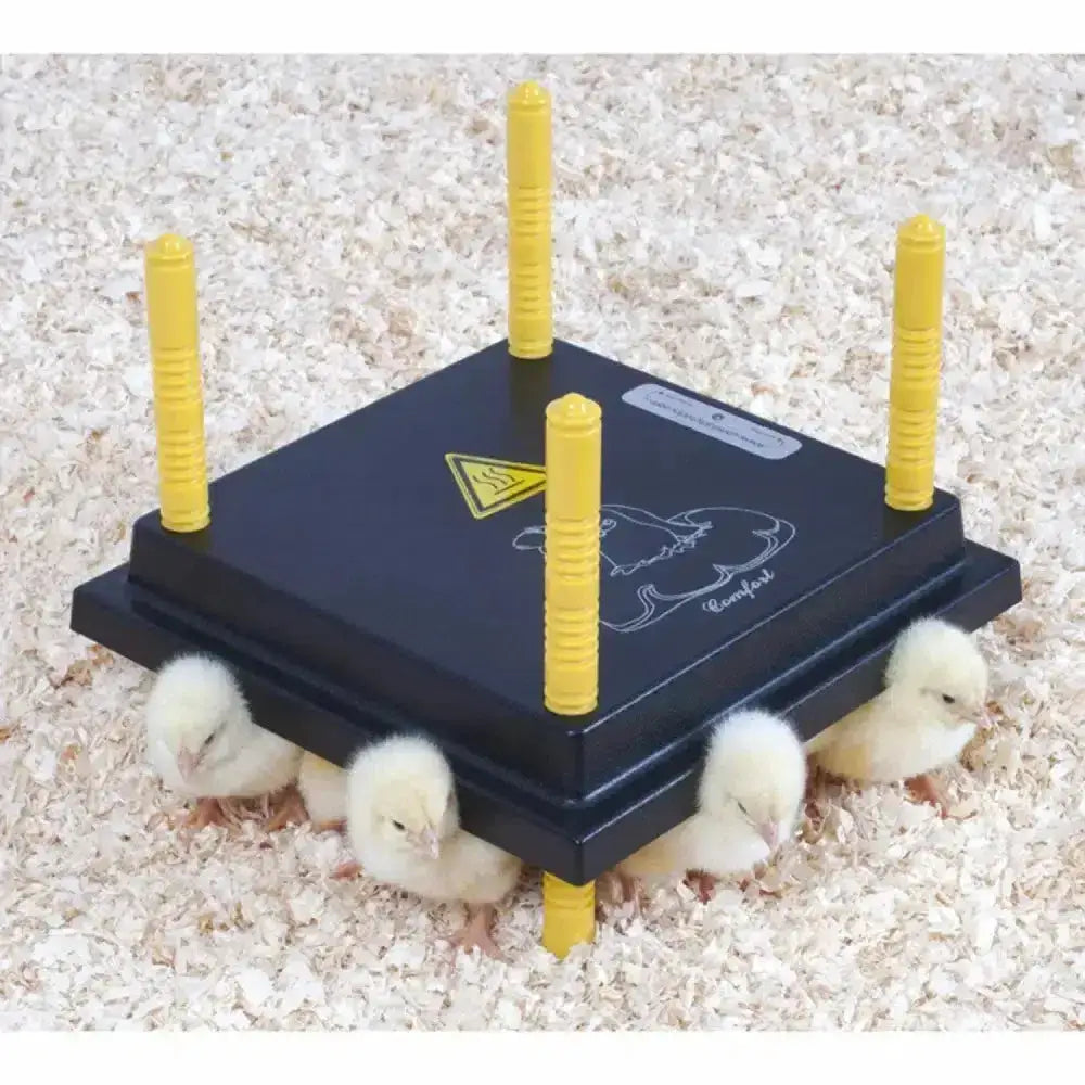 Black plastic chick warming station with four yellow posts and warning label from chicktec comfort extremely economical electric hen brooders