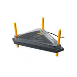Black triangular electric chicktec comfort dome with yellow handles and transparent lid for triangle corner brooder use