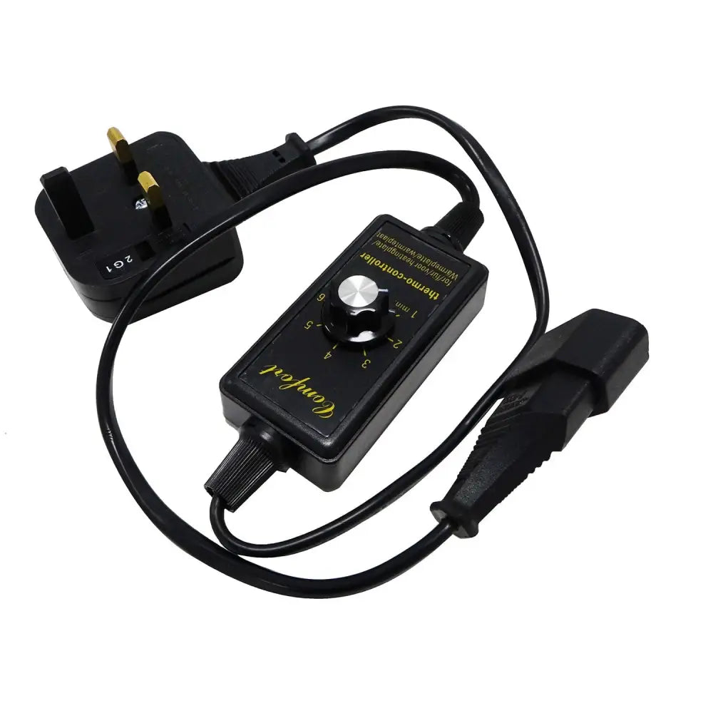 Black plastic chicktec comfort temperature regulator with silver dial yellow label and black cords for plugs