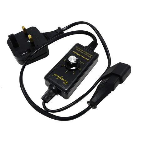Black plastic chicktec comfort temperature regulator with silver dial yellow label and black cords for plugs