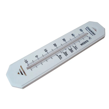 White plastic chicktec comfort thermometer with dual temperature and weeks scales marked by black numerals