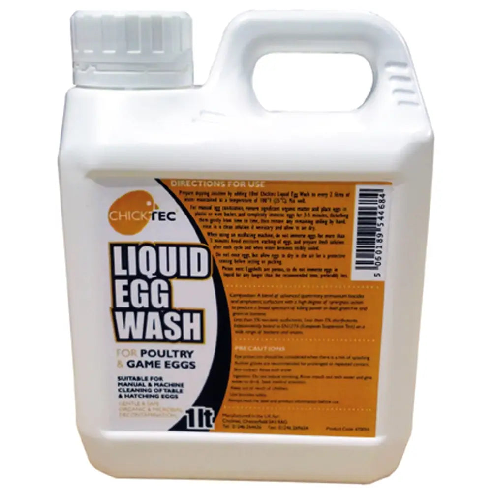 White plastic jug with handle labeled chicktec egg wash liquid low foaming egg wash for poultry and rotary egg washers