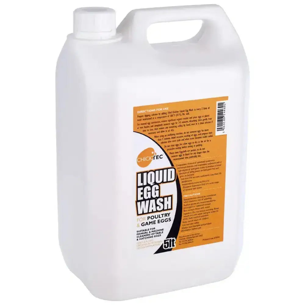 White plastic jug of chicktec egg wash liquid with orange black label for low foaming egg wash in rotary egg washers