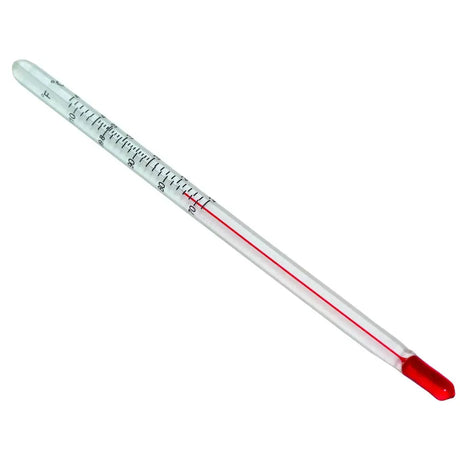 Chicktec glass stem thermometer with red liquid column black markings and red bulb in clear glass stem thermometer design