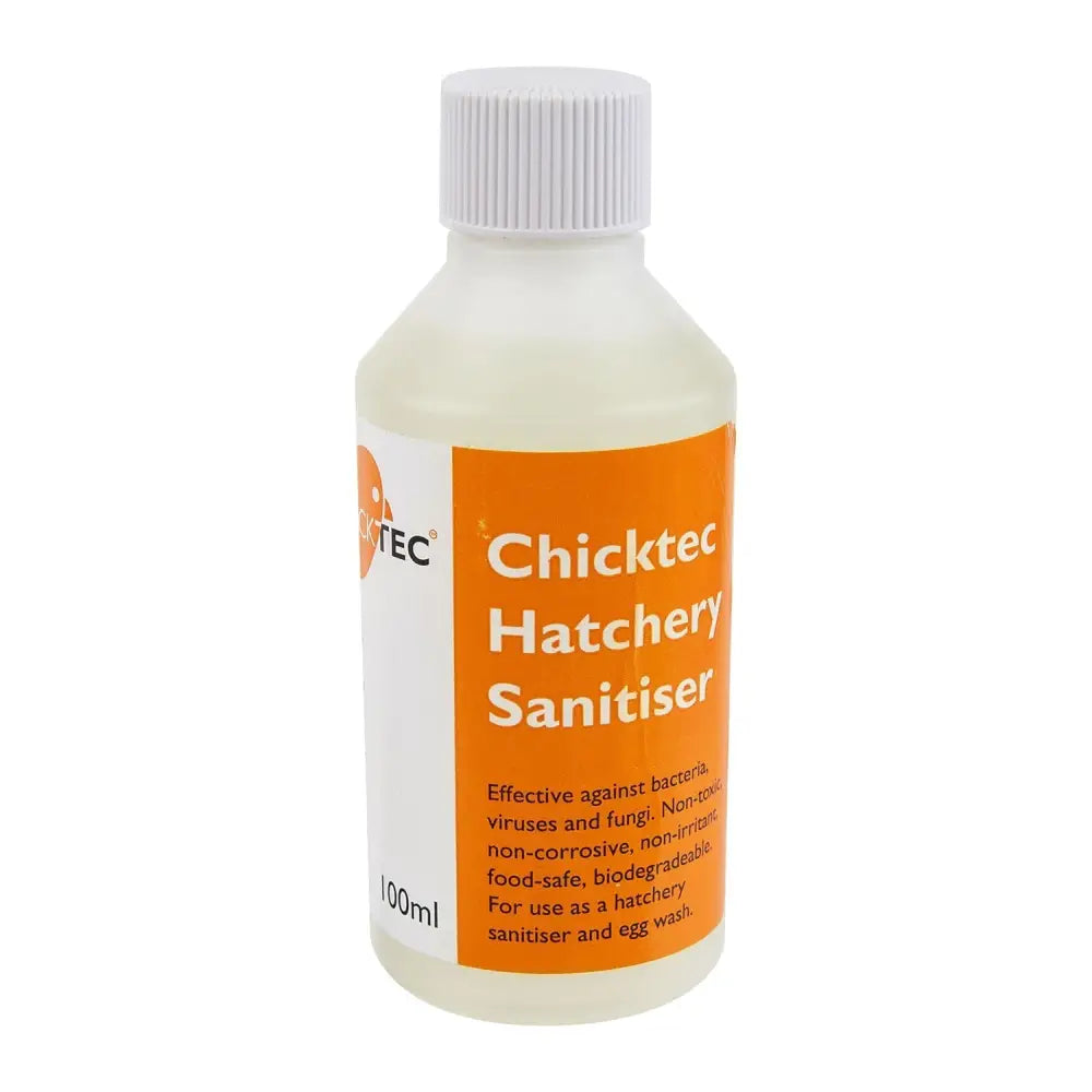 A 100ml bottle of chicktec hatchery sanitiser with orange label and white cap containing clear liquid for egg-room cleaning