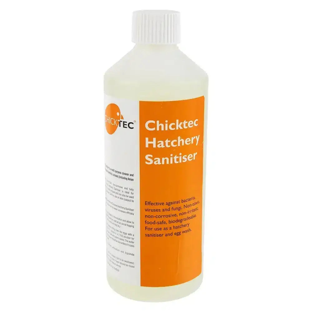 A clear plastic bottle with white screw-top cap labeled chicktec hatchery sanitiser in bold black on orange for egg-room cleaning
