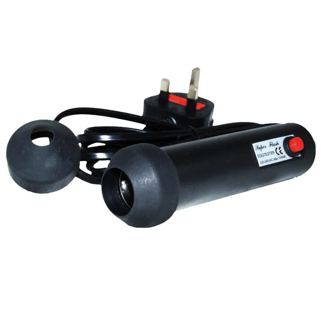 Black fisher chicktec superflash candler with red power button and open end for mains power candling eggs