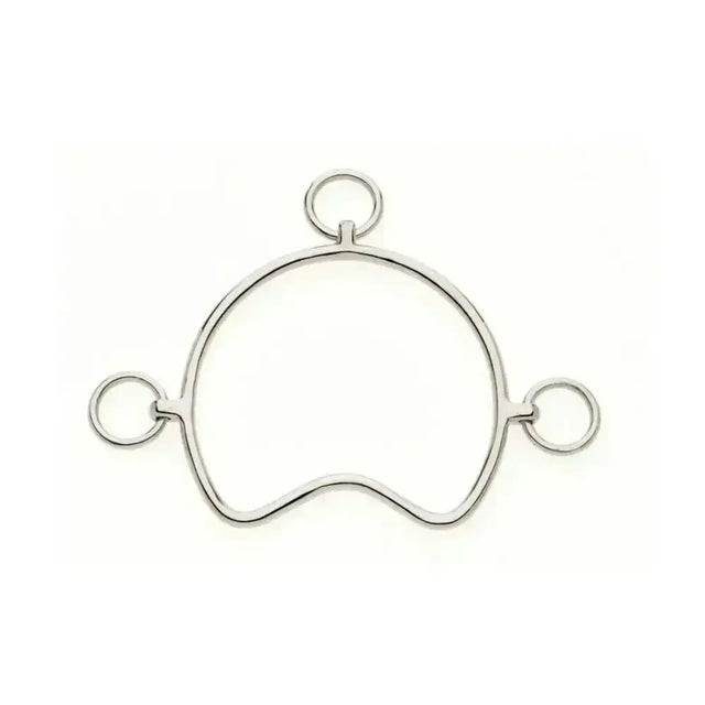 Silver metal chiffney bit with curved open design and three rings designed as an anti rearing bit for horses