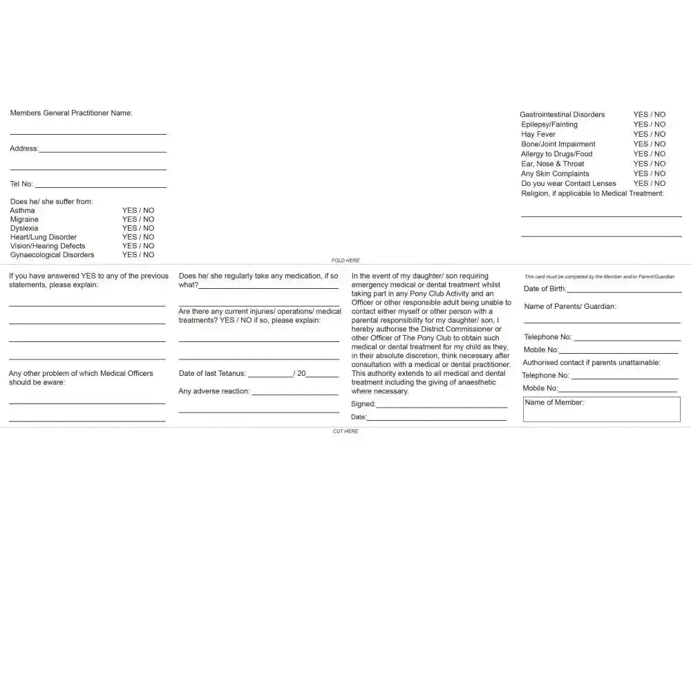 White paper form with black text for filling on childs pc medical armband with secure compulsory medical press close fastening