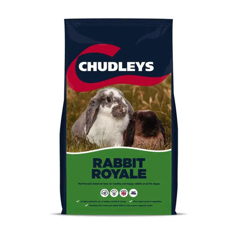 Chudleys rabbit royal tasty wholesome mix in a dark blue and green bag with two rabbits for happy healthy rabbits