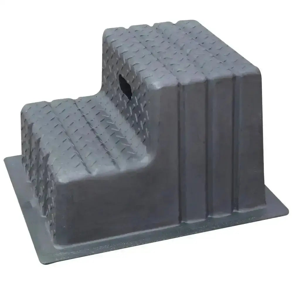 Gray plastic classic showjumps step mounting blocks with textured diamond plate surface and cutout handle