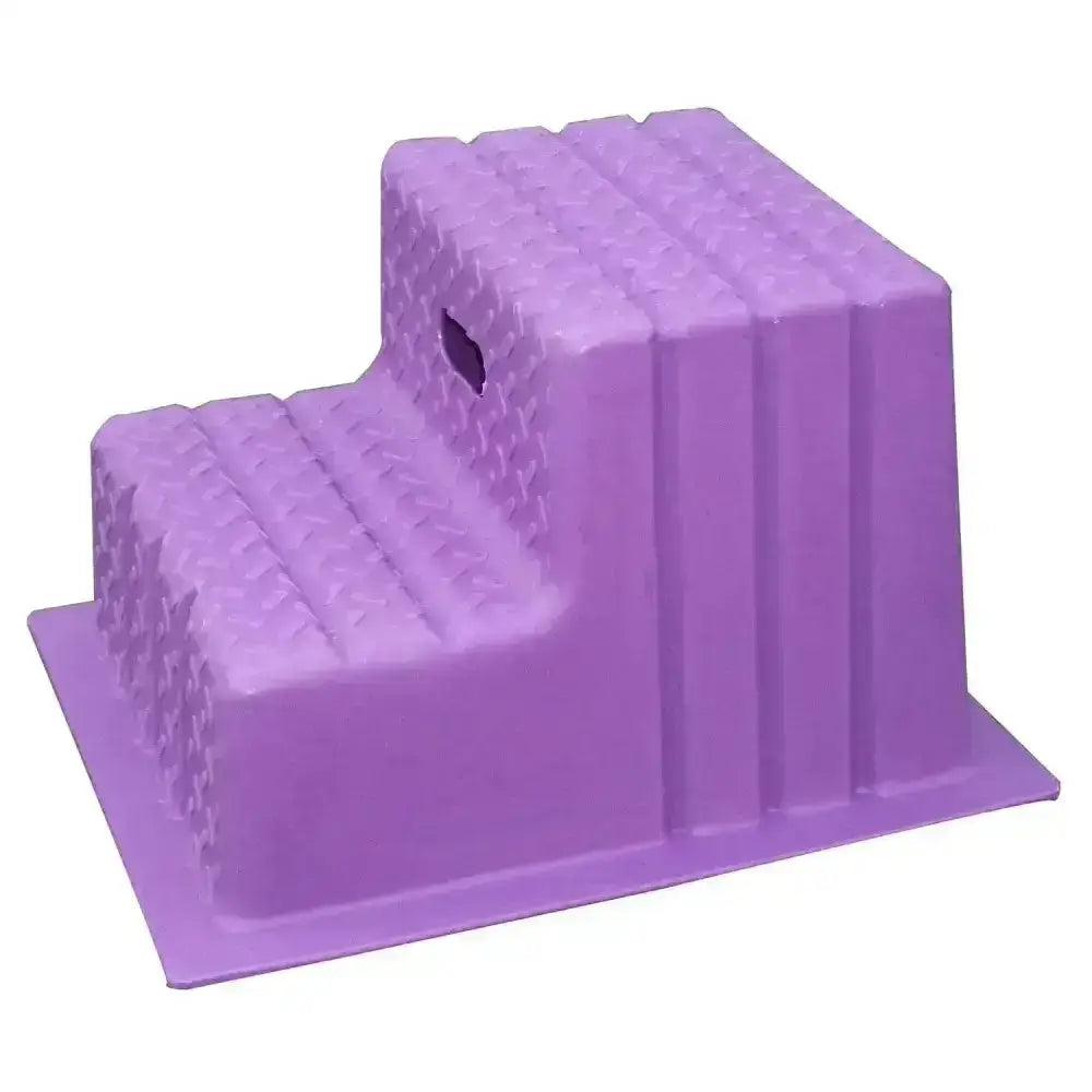 Purple plastic classic showjumps two-step mounting blocks with textured ribbed surfaces and top step hole