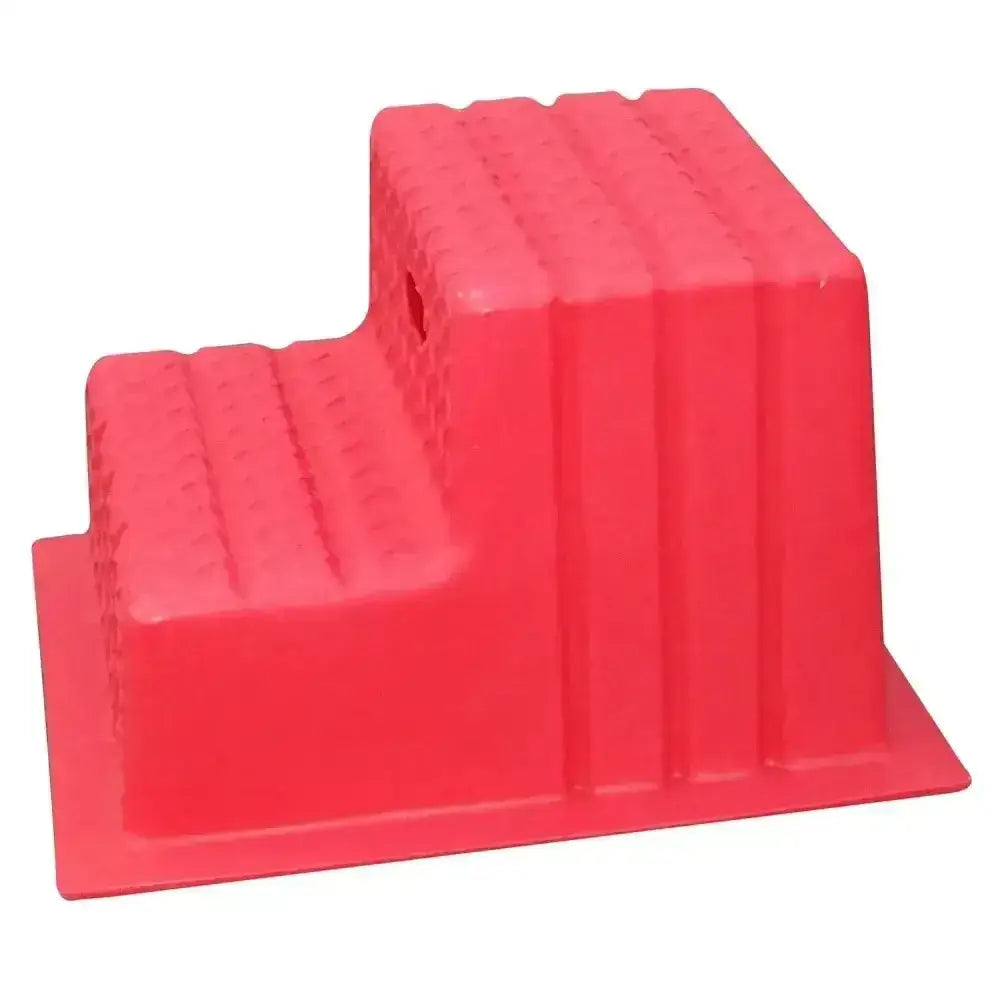 Bright red plastic classic showjumps two-step mounting blocks with ribbed texture and hole on upper step