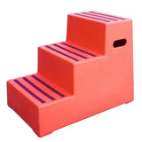 Bright orange classic showjumps premium 3 step mounting block with purple abrasive anti-slip strips for large livery yards