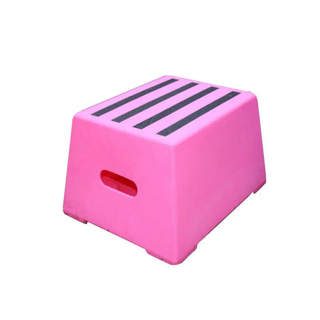 Pink plastic classic showjumps premium mounting block with one tread black non-slip stripes and red handle